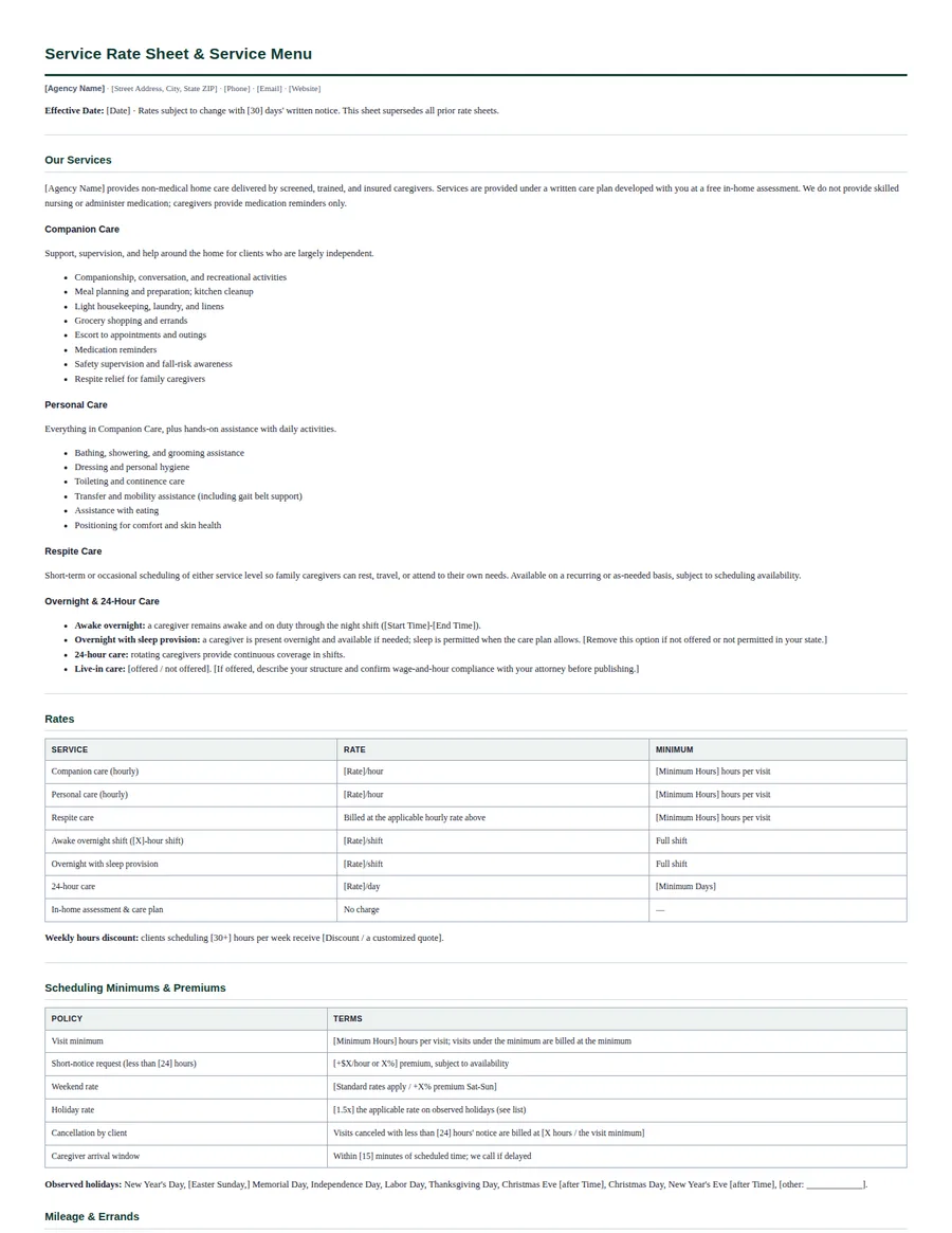 Service Rate Sheet template preview